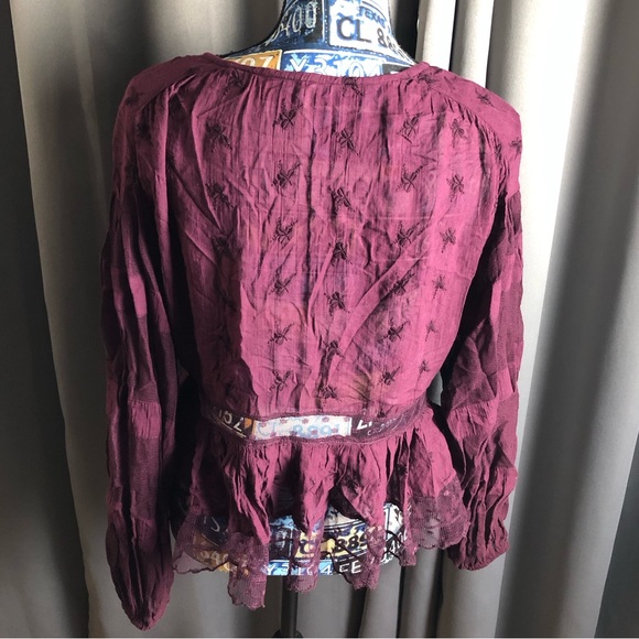 Free People Boho Hippy Floral Embroidered Sheer Paneling Long Sleeve Blouse - Picture 10 of 12